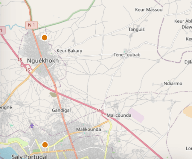 Carte du corridor Mbour, Saly, Nguékhokh avec les services fonciers