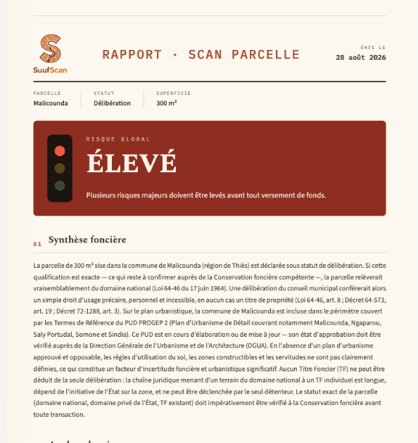 Première page du rapport : en-tête, risque global élevé et synthèse foncière